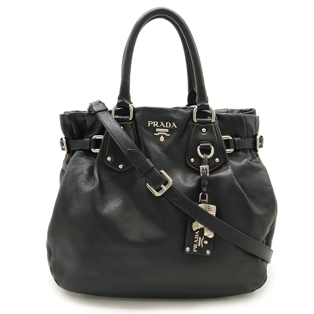 Prada Tote Bag Handbag Shoulder Leather NERO Black Charm